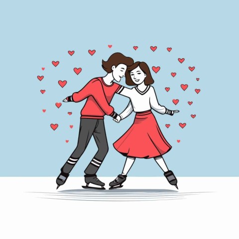 Couple in love on roller skates. Vector illustration in cartoon