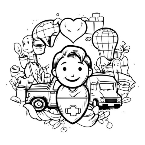 Vector illustration of a boy with a heart and a transport in the