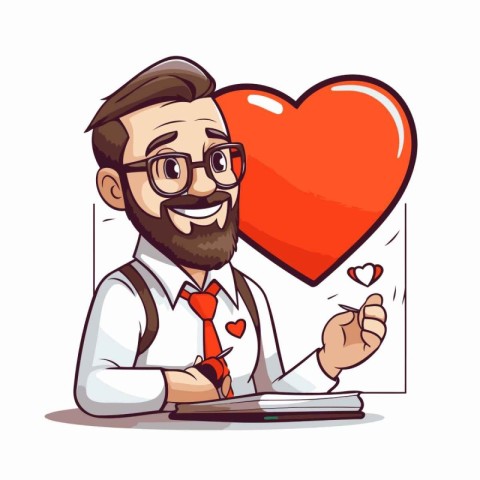 Vector illustration of a bearded man with a red heart in his han