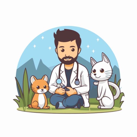 Veterinarian with dog and cat. Vector illustration in cartoon st