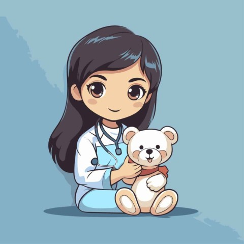 Cute little girl playing doctor with teddy bear. Vector illustra