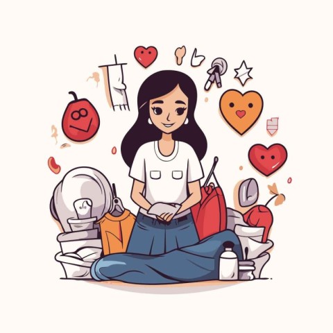 Woman sitting on the toilet. Vector illustration in doodle style