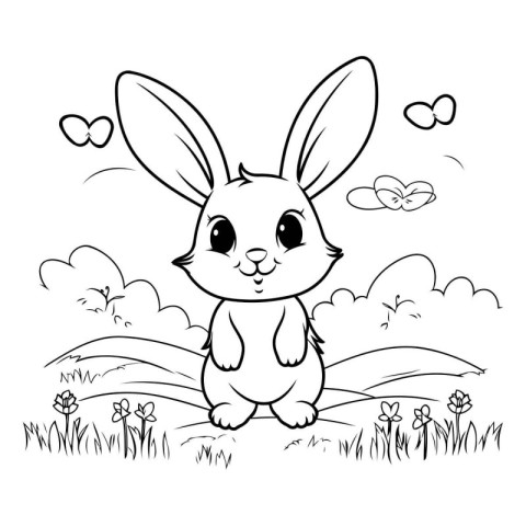 Cute cartoon bunny in the meadow. Vector illustration for colori