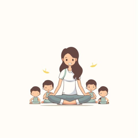 Mother doing yoga with her kids. Vector illustration in cartoon