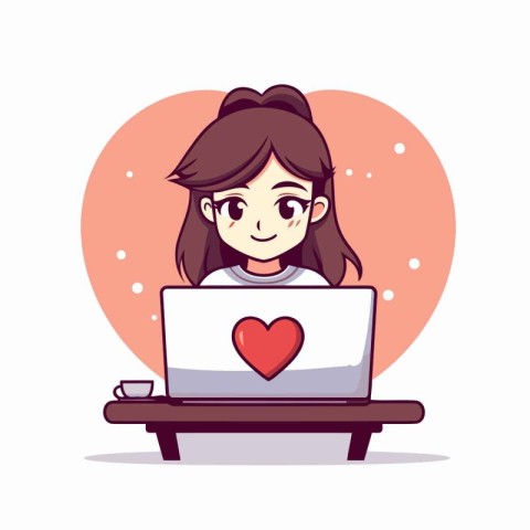 Girl with laptop and heart. Vector illustration in a flat style.