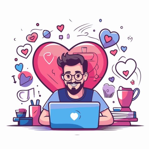 Cute young man working on laptop at home. Vector illustration.