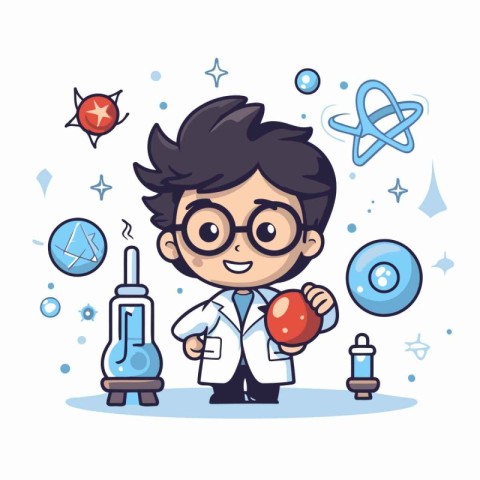 Cute little boy scientist with science icons. Vector cartoon ill