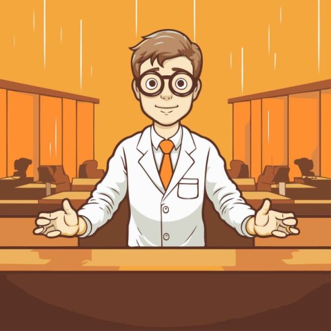 Vector illustration of a male doctor sitting at the table in the