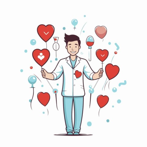 Vector illustration of a doctor holding heart shaped balloons in