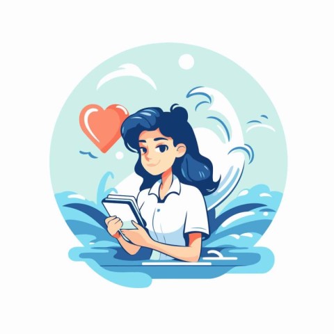 Girl reading a book in the sea. Vector illustration in cartoon s