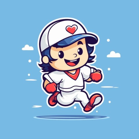 Cute Little Baseball Player Running Vector Illustration. Cartoon