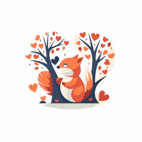 Cute cartoon squirrel with hearts. Vector illustration in flat s