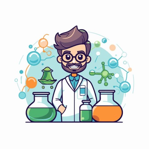 Scientist with chemical glassware. Vector illustration in cartoo