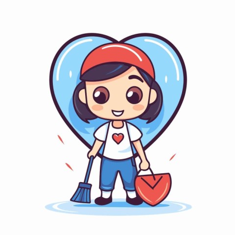 Cute little girl cleaning the heart with a broom. Vector illustr