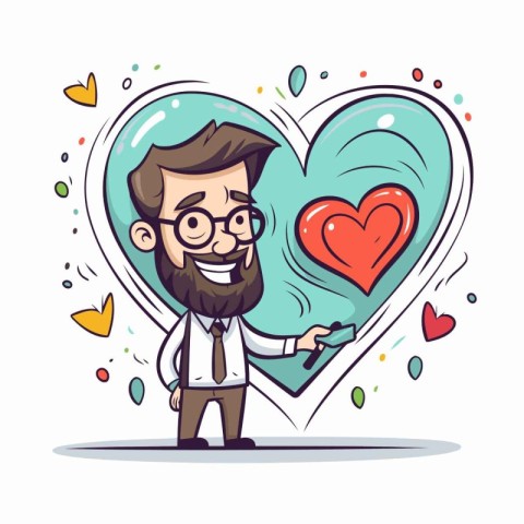 Vector cartoon illustration of a hipster man with beard holding