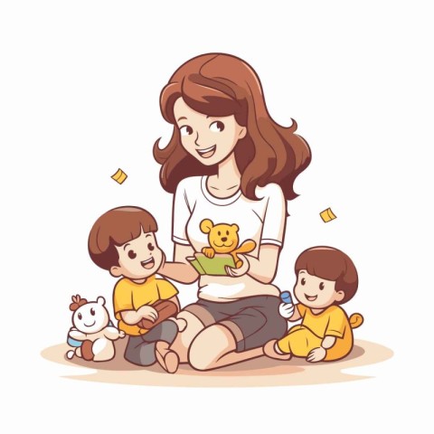 Mother and children playing with toys. Vector illustration in ca