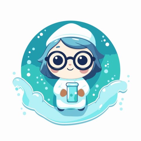 Cute little scientist girl in glasses and cap with flask. Vector