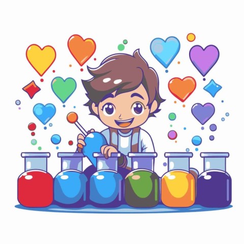 Cute boy making science experiments in laboratory. Cartoon vecto