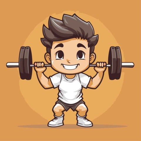 Fitness boy lifting barbell. Vector illustration of a cartoon ch