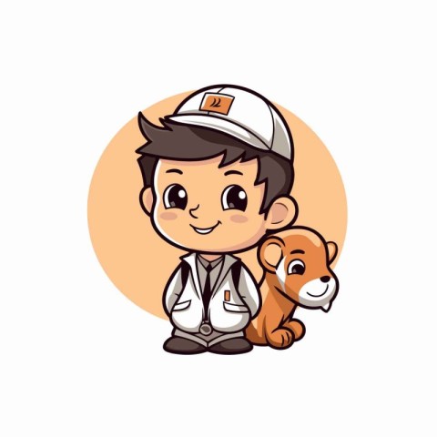 Cute cartoon doctor with dog. Vector illustration on white backg