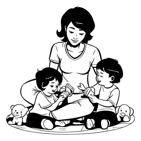 Mother and children playing with toys. black and white vector il