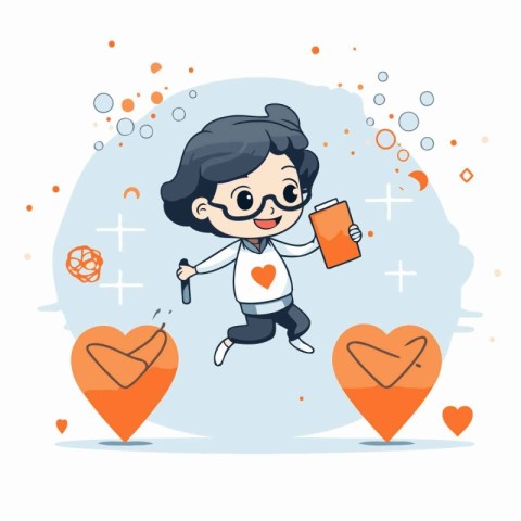 Cute boy with book and heart. Vector illustration in cartoon sty