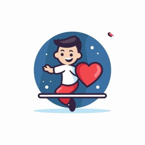 Cute boy holding a red heart. Vector illustration in flat style.