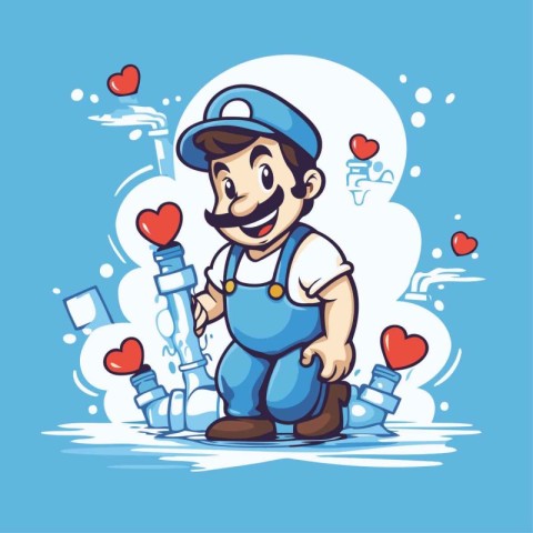 illustration of a cartoon plumber with heart-shaped water pipes