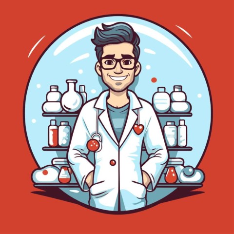 Vector illustration of a young doctor in a white coat and glasse