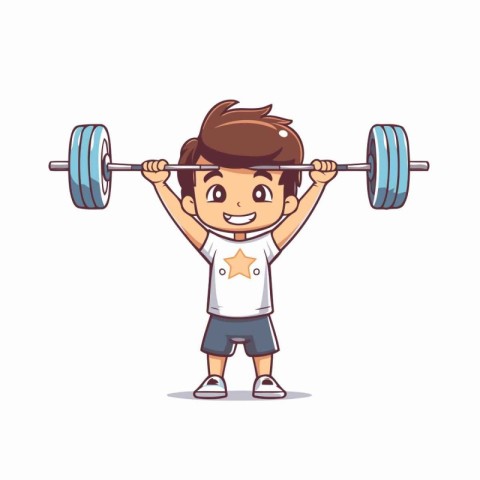 Cartoon boy lifting a barbell on white background. Vector illust