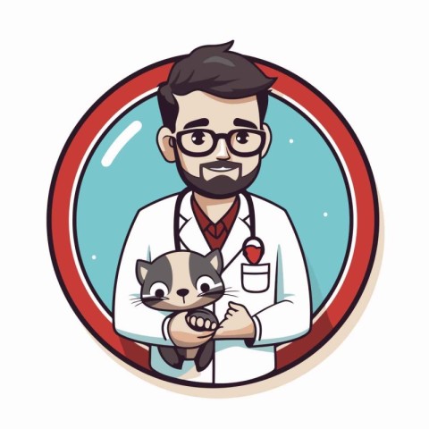 Veterinarian with a cat in his arms. Vector illustration.