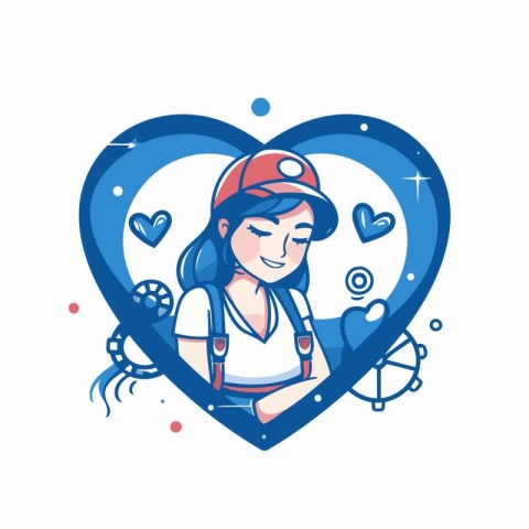 Vector illustration of a girl in a helmet and overalls in the fo