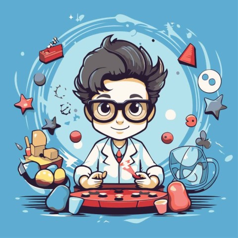 Cute cartoon boy playing board game. Vector illustration in flat