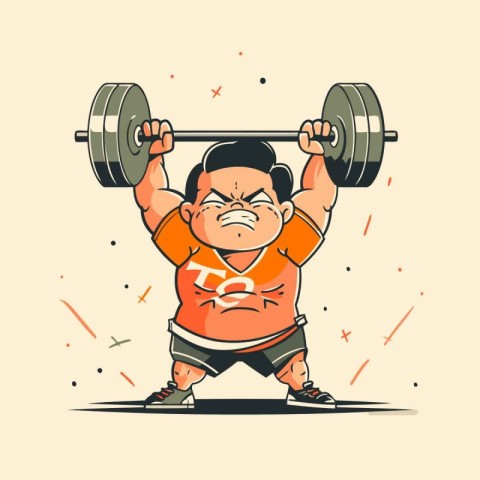 Funny cartoon fat boy lifting a barbell. Vector illustration.