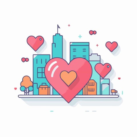 Vector illustration in flat linear style with cityscape. buildin