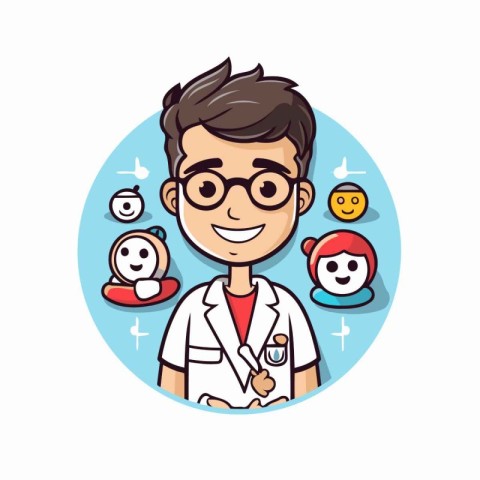 Cartoon doctor with stethoscope and icons. Vector illustration.