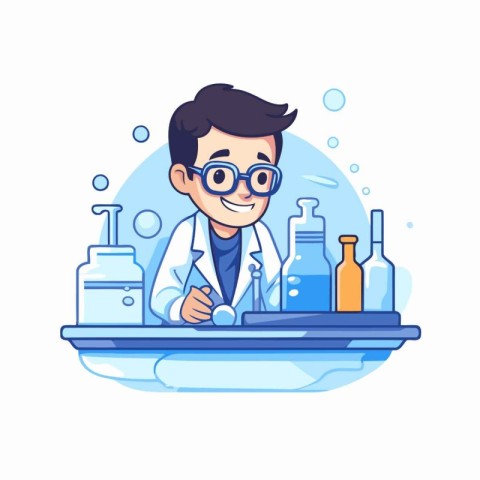 Scientist in lab coat and glasses. Vector illustration in cartoo