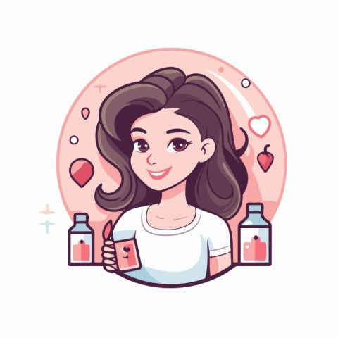 Vector illustration of a beautiful girl with a bottle of cosmeti