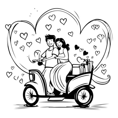 couple in love on a scooter with hearts. vector illustration