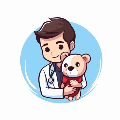 Veterinarian holding teddy bear cartoon character vector illustr