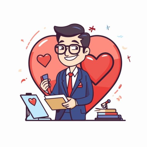 Businessman in love. Vector illustration in flat cartoon style.