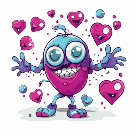 Funny cartoon monster with hearts on white background. Vector il