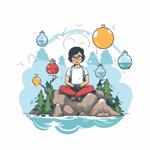 Girl meditating on a rock in the forest. Vector illustration.