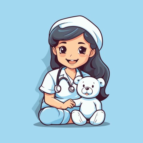 Cute little girl playing doctor with teddy bear. Vector illustra