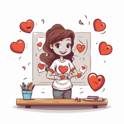 Girl drawing a heart on the board. Vector illustration in cartoo