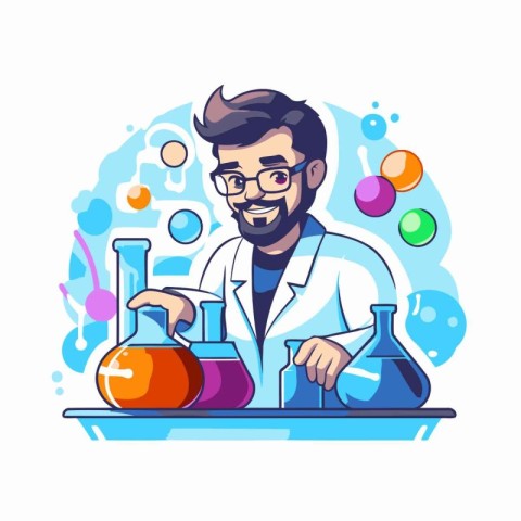 Scientist with chemical glassware. Vector illustration in cartoo