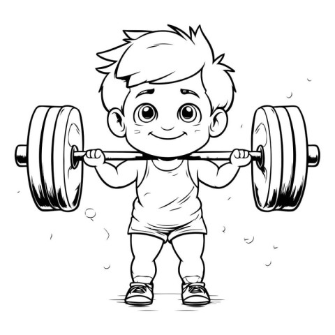 Cartoon little boy lifting a barbell. Black and white vector ill