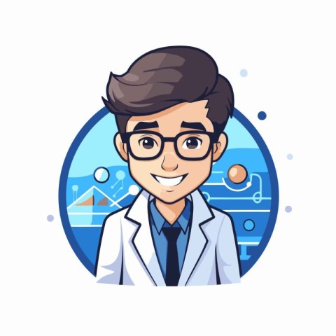 Young smiling doctor in a white coat and glasses. Vector illustr