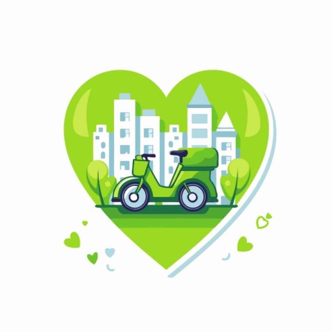 Green scooter in heart shape. Eco transport concept. Vector illu