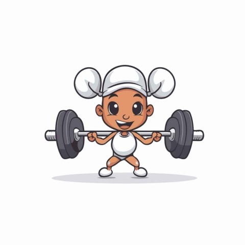 Cute little boy lifting barbell cartoon vector illustration. Fit